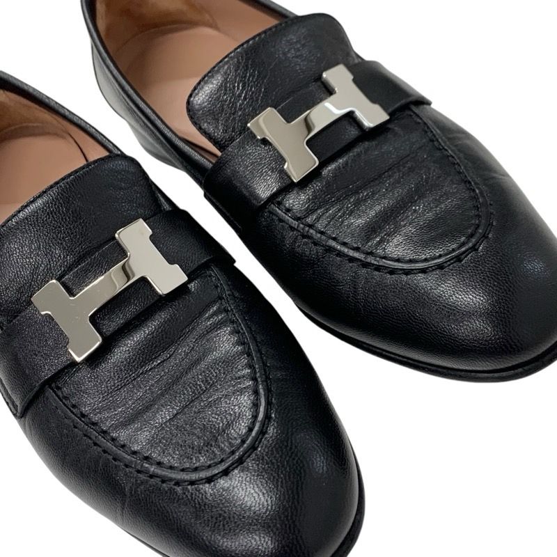 Hermes Paris Loafers Shoes Leather Black Silver Moccasins Flat Shoes Hhardware