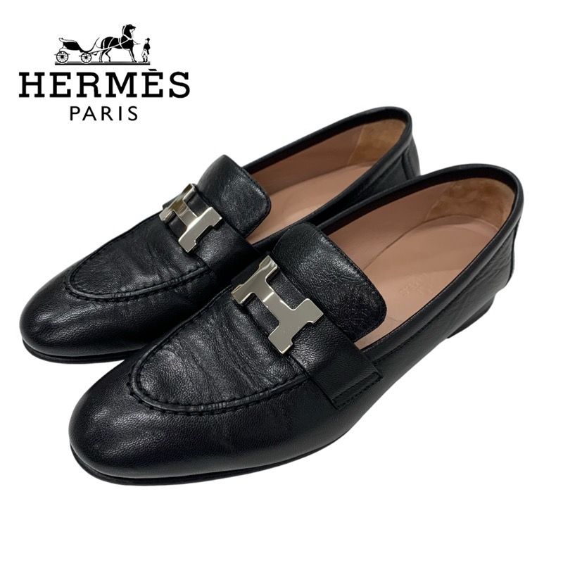Hermes Paris Loafers Shoes Leather Black Silver Moccasins Flat Shoes Hhardware