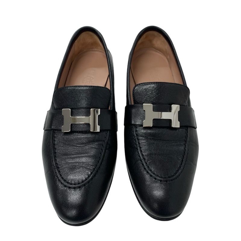 Hermes Paris Loafers Shoes Leather Black Silver Moccasins Flat Shoes Hhardware