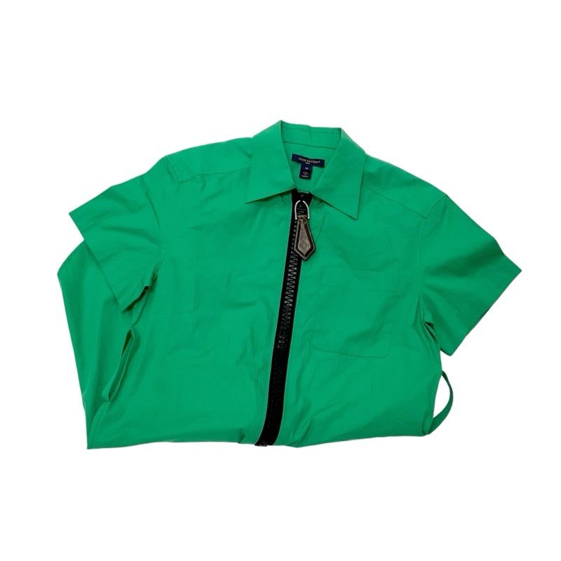 Louis Vuitton Dress Cotton Green Black Shirt Front Zip Short Sleeve Belt