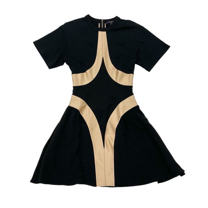 Louis Vuitton Dress Silk Monogram Black Beige Short Sleeve