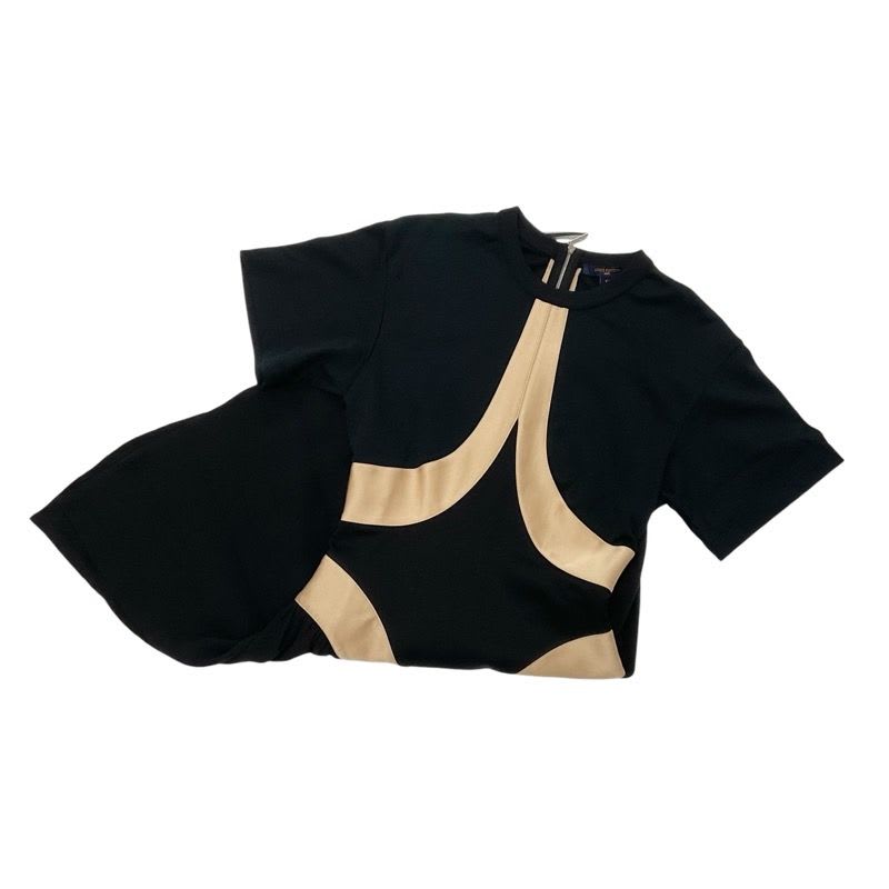 Louis Vuitton Dress Silk Monogram Black Beige Short Sleeve