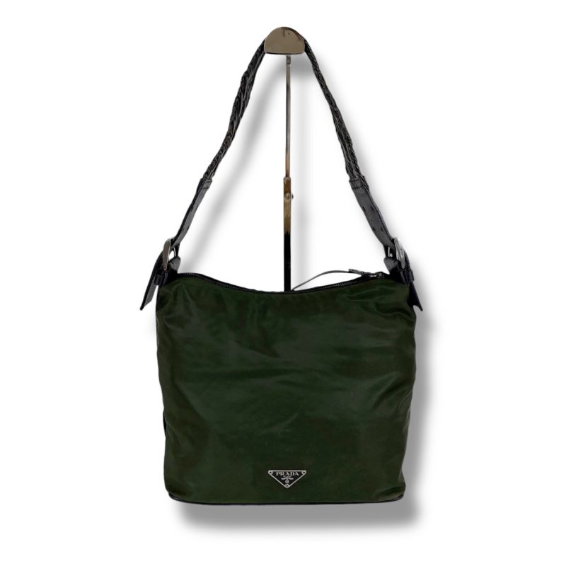Prada One Shoulder Bag Triangle Logo Khaki Green Tessuto Nylon Leather Hobo Bag