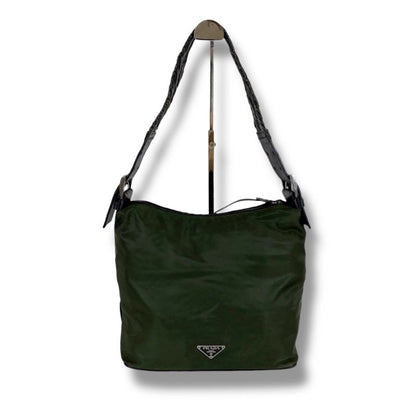 Prada One Shoulder Bag Triangle Logo Khaki Green Tessuto Nylon Leather Hobo Bag