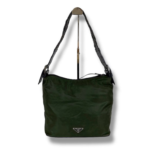 Prada One Shoulder Bag Triangle Logo Khaki Green Tessuto Nylon Leather Hobo Bag
