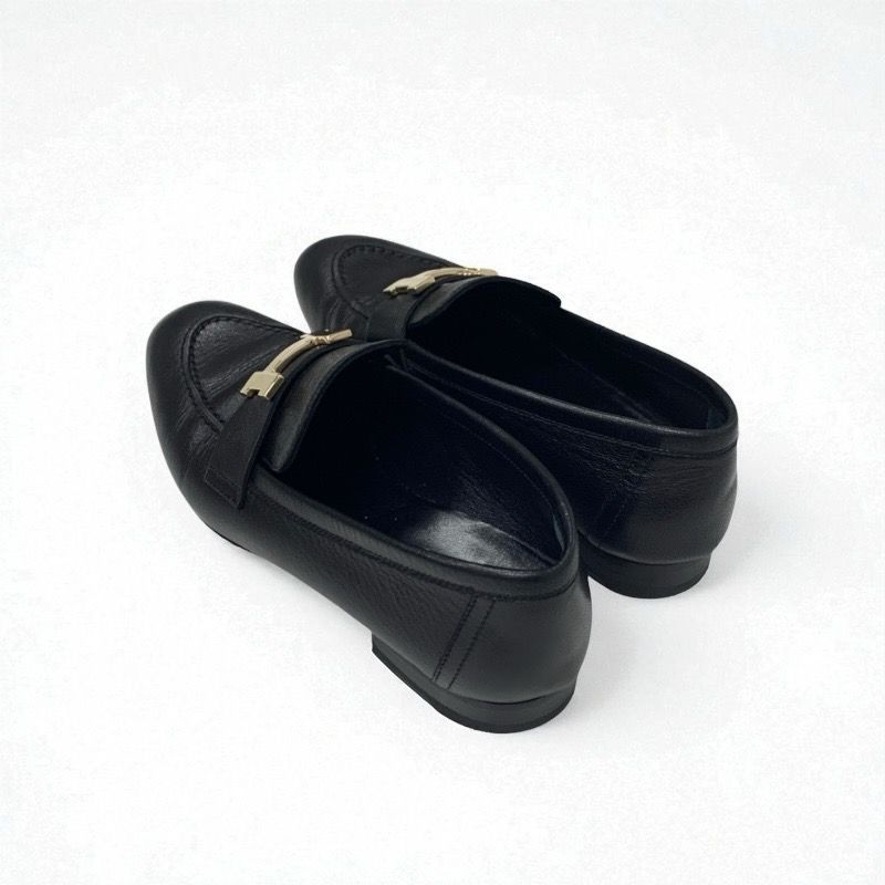 Hermes Paris Loafer Leather Shoes Leather Black Gold Hhardware Moccasins