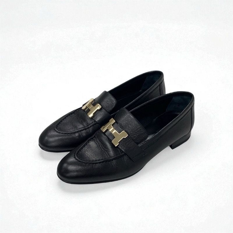 Hermes Paris Loafer Leather Shoes Leather Black Gold Hhardware Moccasins