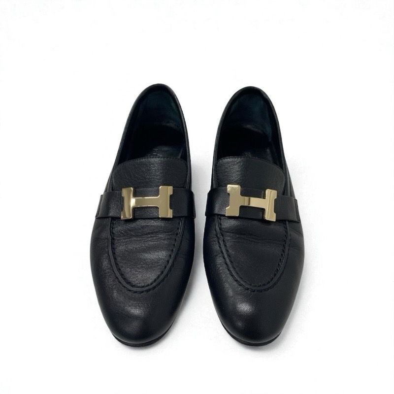 Hermes Paris Loafer Leather Shoes Leather Black Gold Hhardware Moccasins