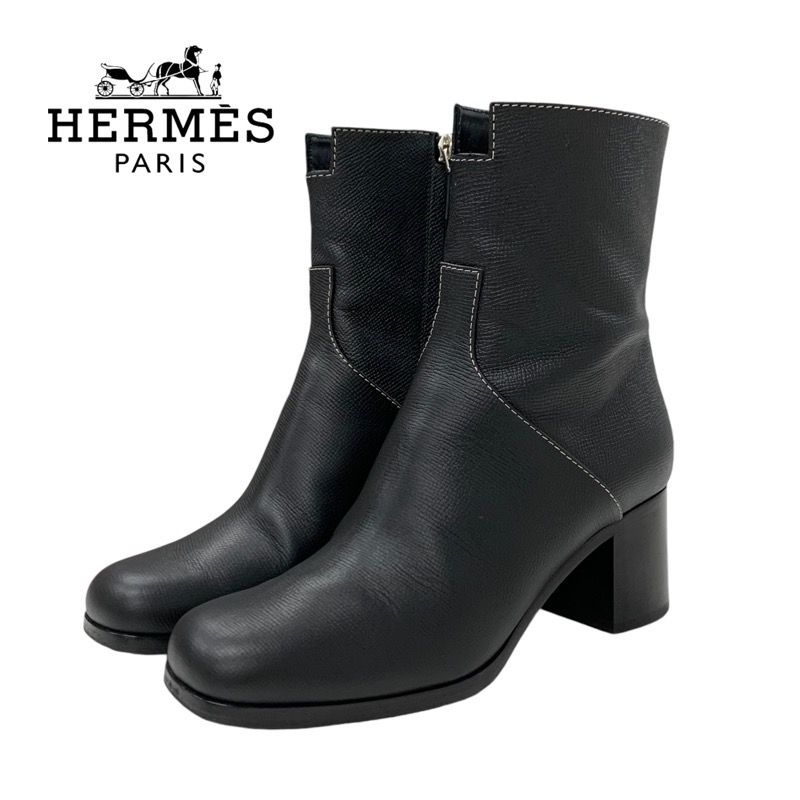 Hermes Flats Boots Short Boots Shoes Leather Black Stitching
