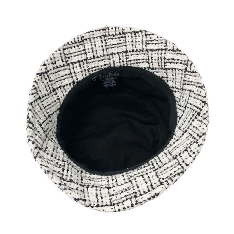Chanel Hat White Black Coco Mark Tweed Sequin Bucket