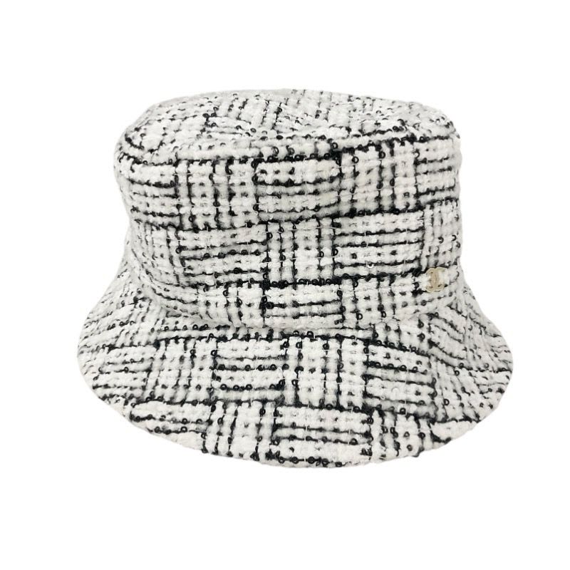 Chanel Hat White Black Coco Mark Tweed Sequin Bucket
