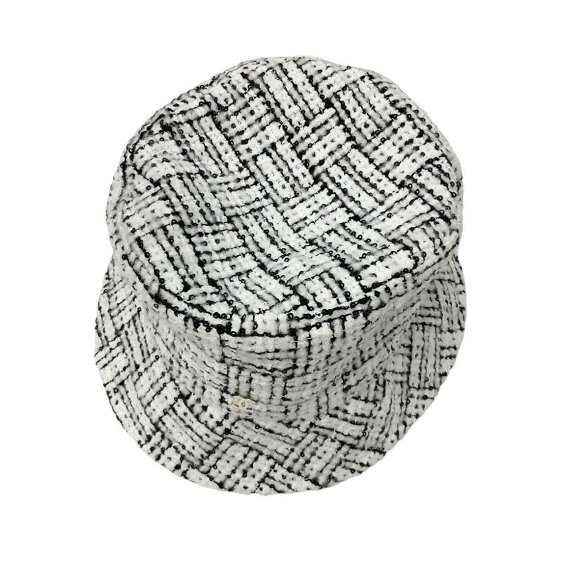 Chanel Hat White Black Coco Mark Tweed Sequin Bucket