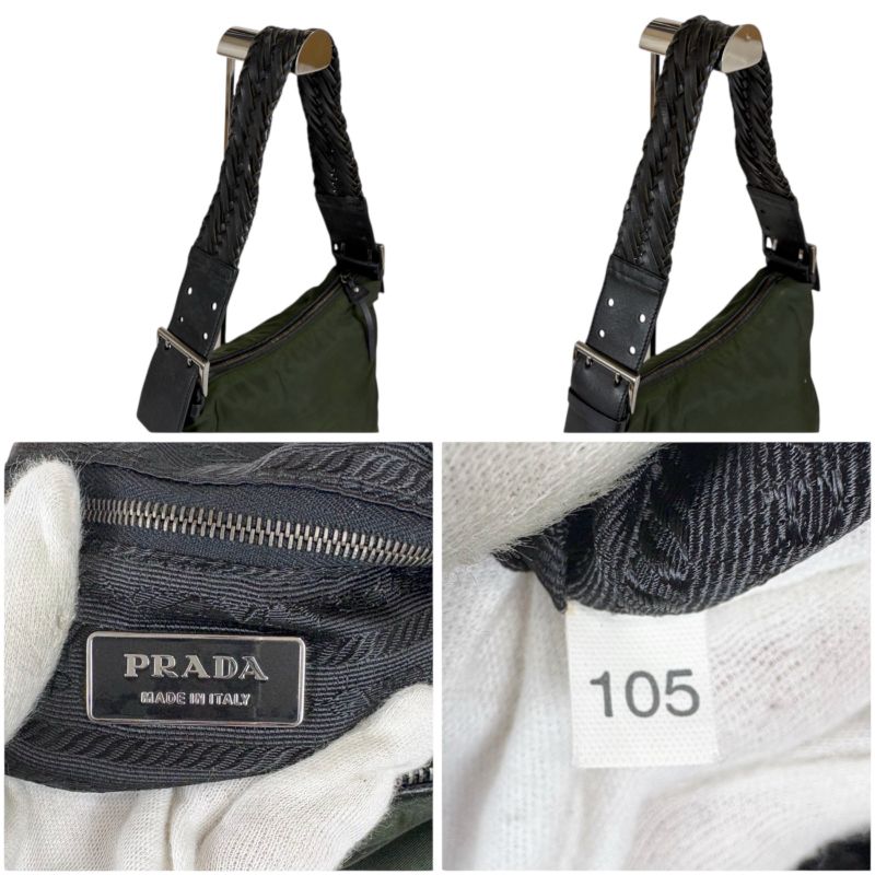 Prada One Shoulder Bag Triangle Logo Khaki Green Tessuto Nylon Leather Hobo Bag