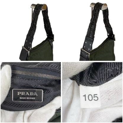 Prada One Shoulder Bag Triangle Logo Khaki Green Tessuto Nylon Leather Hobo Bag