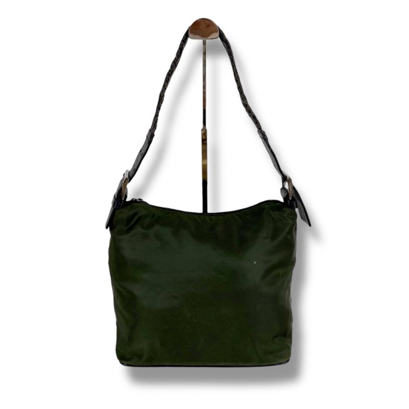 Prada One Shoulder Bag Triangle Logo Khaki Green Tessuto Nylon Leather Hobo Bag