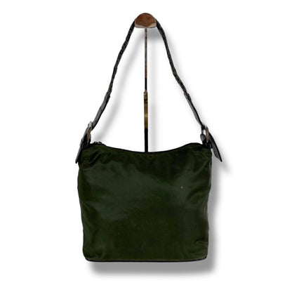 Prada One Shoulder Bag Triangle Logo Khaki Green Tessuto Nylon Leather Hobo Bag