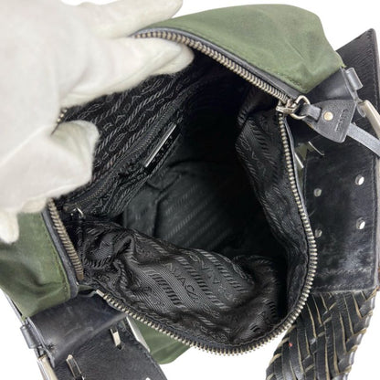 Prada One Shoulder Bag Triangle Logo Khaki Green Tessuto Nylon Leather Hobo Bag