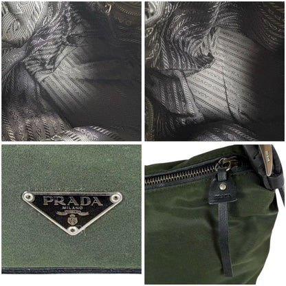 Prada One Shoulder Bag Triangle Logo Khaki Green Tessuto Nylon Leather Hobo Bag