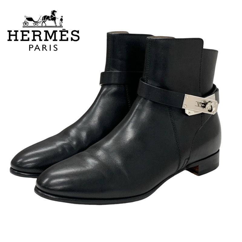 Hermes Neo Boots Short Boots Shoes Leather Black Silver Kelly Hardware