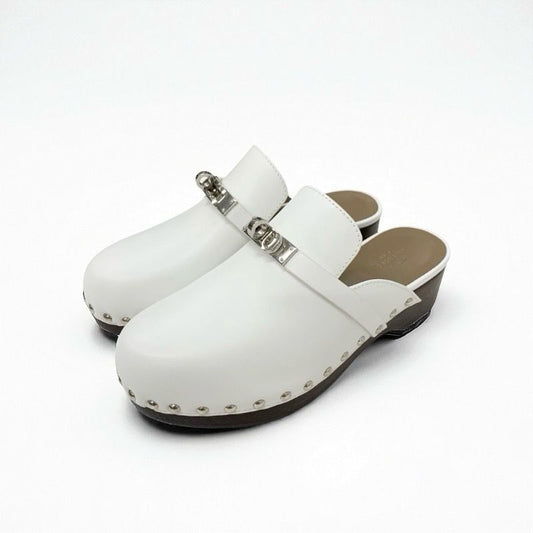 Hermes Carlotta Sandals Shoes Leather White Silver Kelly Hardware Sabo Mule