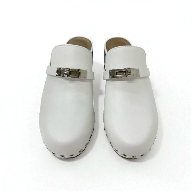 Hermes Carlotta Sandals Shoes Leather White Silver Kelly Hardware Sabo Mule