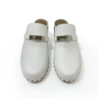 Hermes Carlotta Sandals Shoes Leather White Silver Kelly Hardware Sabo Mule