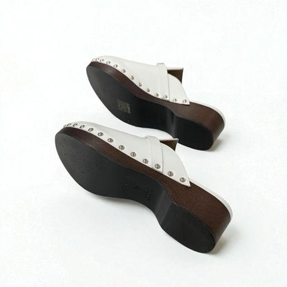 Hermes Carlotta Sandals Shoes Leather White Silver Kelly Hardware Sabo Mule