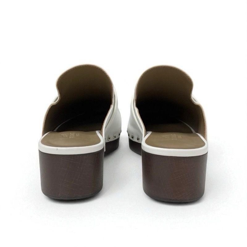 Hermes Carlotta Sandals Shoes Leather White Silver Kelly Hardware Sabo Mule