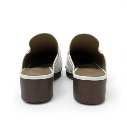 Hermes Carlotta Sandals Shoes Leather White Silver Kelly Hardware Sabo Mule