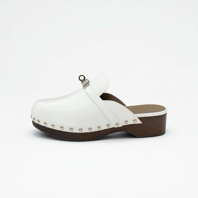 Hermes Carlotta Sandals Shoes Leather White Silver Kelly Hardware Sabo Mule