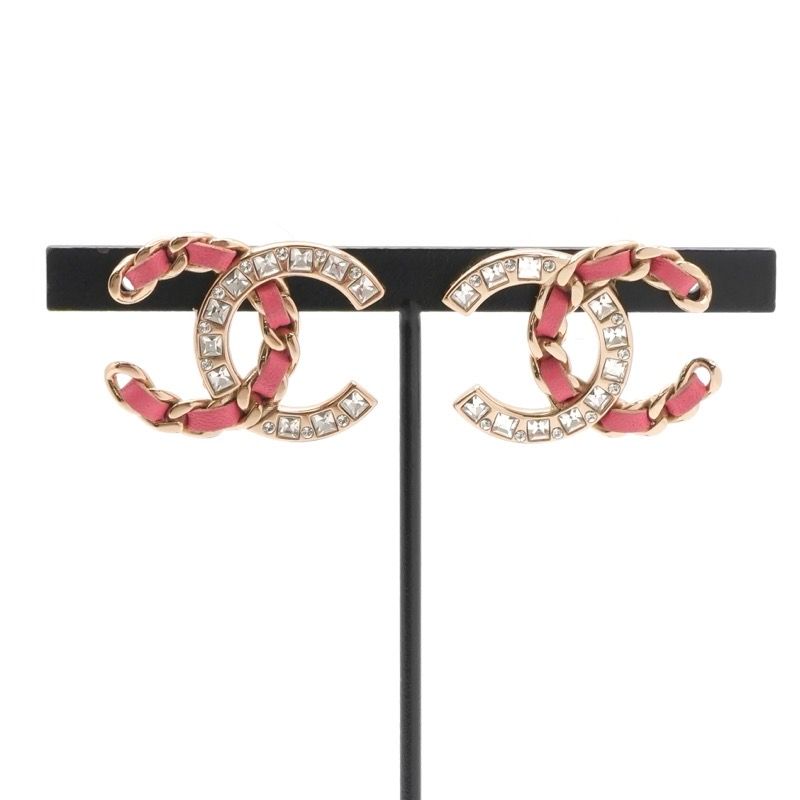 Chanel Earrings Earring Gold Pink Coco Mark Rhinestone