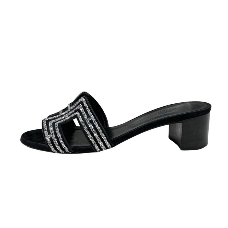Hermes Oasis Sandals Shoes Suede Black Silver Rhinestone Mules