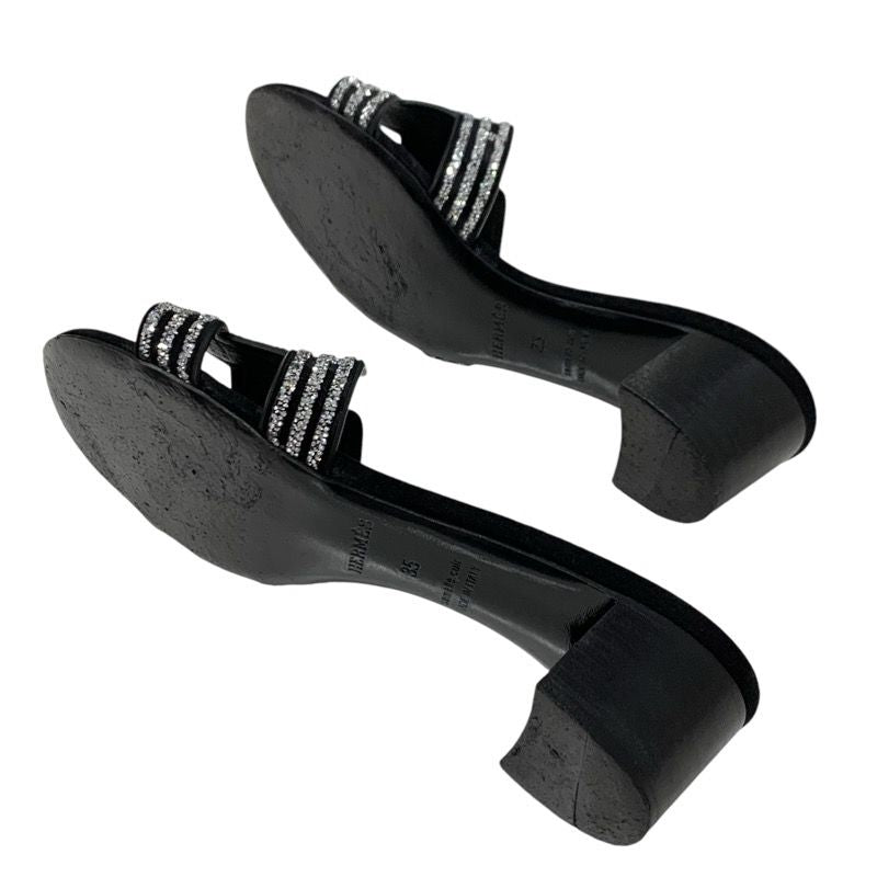 Hermes Oasis Sandals Shoes Suede Black Silver Rhinestone Mules