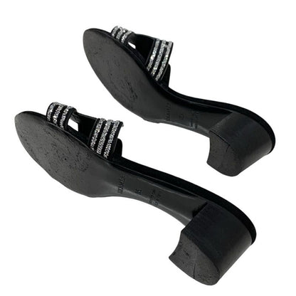 Hermes Oasis Sandals Shoes Suede Black Silver Rhinestone Mules