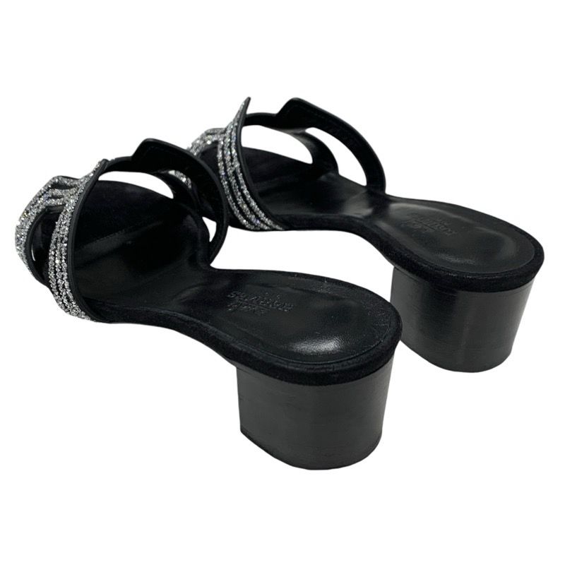 Hermes Oasis Sandals Shoes Suede Black Silver Rhinestone Mules