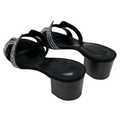 Hermes Oasis Sandals Shoes Suede Black Silver Rhinestone Mules