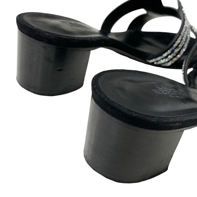 Hermes Oasis Sandals Shoes Suede Black Silver Rhinestone Mules
