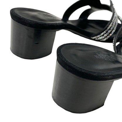 Hermes Oasis Sandals Shoes Suede Black Silver Rhinestone Mules