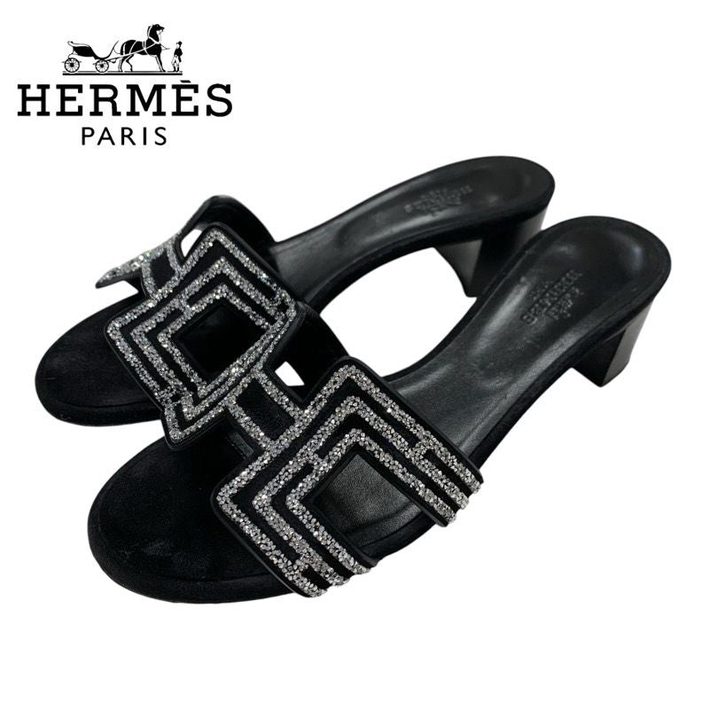 Hermes Oasis Sandals Shoes Suede Black Silver Rhinestone Mules
