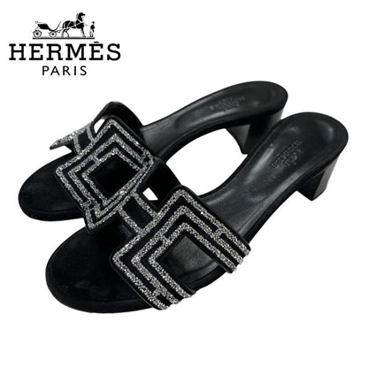 Hermes Oasis Sandals Shoes Suede Black Silver Rhinestone Mules