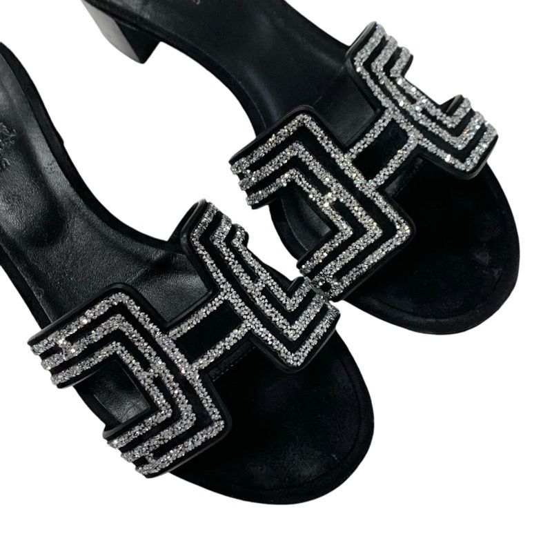Hermes Oasis Sandals Shoes Suede Black Silver Rhinestone Mules
