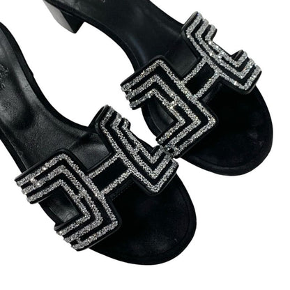 Hermes Oasis Sandals Shoes Suede Black Silver Rhinestone Mules