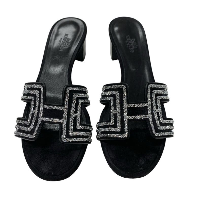 Hermes Oasis Sandals Shoes Suede Black Silver Rhinestone Mules