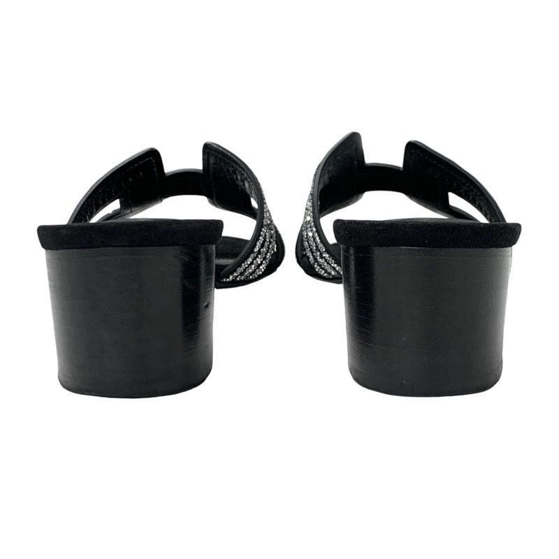 Hermes Oasis Sandals Shoes Suede Black Silver Rhinestone Mules