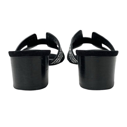 Hermes Oasis Sandals Shoes Suede Black Silver Rhinestone Mules