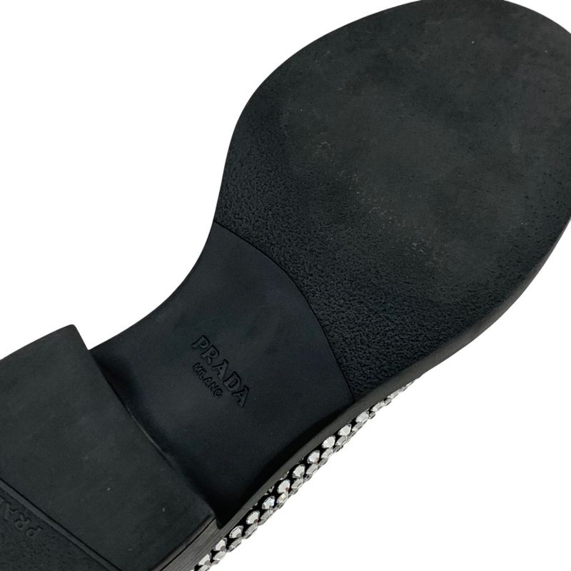 Prada Loafers Leather Shoes Satin Black Crystal Rhinestone Logo Plate