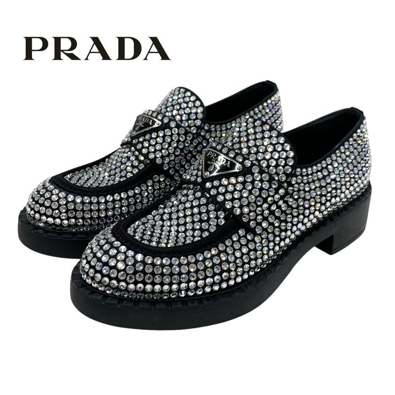 Prada Loafers Leather Shoes Satin Black Crystal Rhinestone Logo Plate