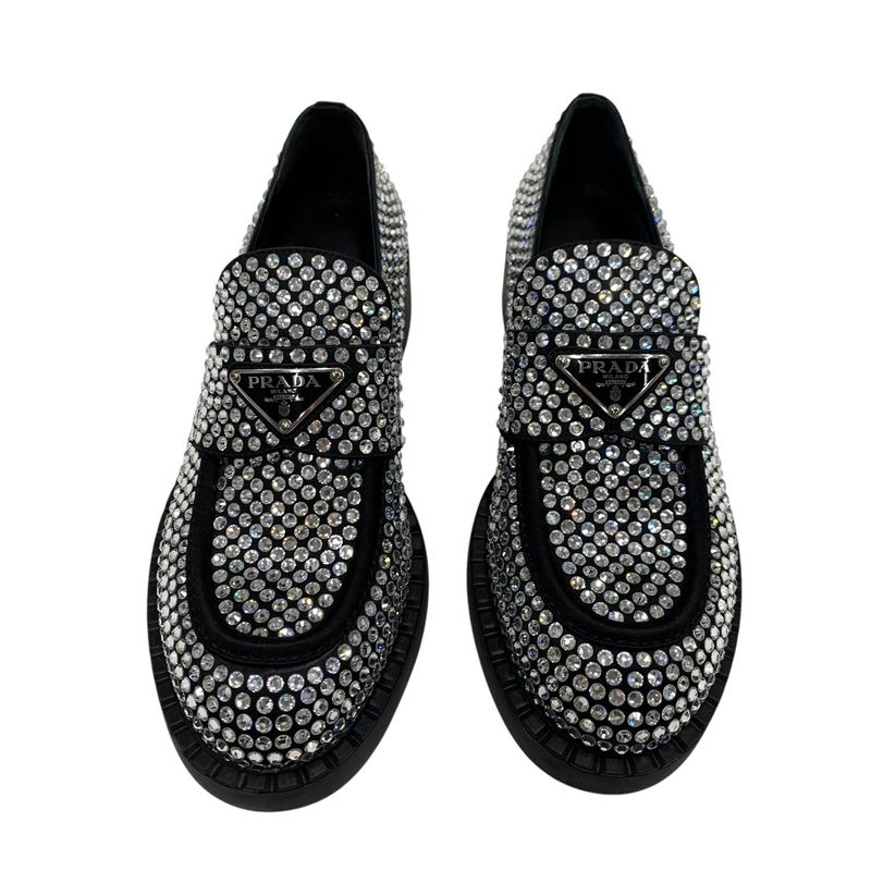 Prada Loafers Leather Shoes Satin Black Crystal Rhinestone Logo Plate