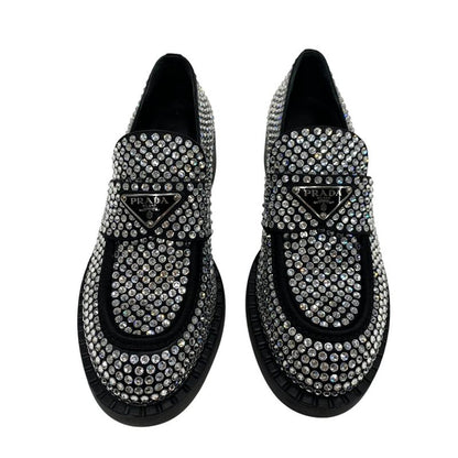Prada Loafers Leather Shoes Satin Black Crystal Rhinestone Logo Plate
