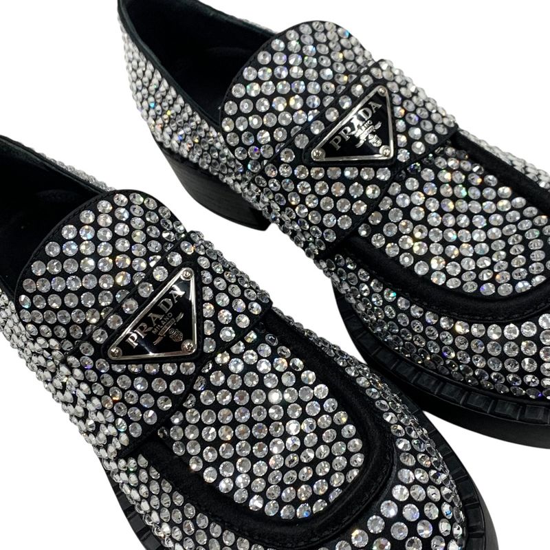 Prada Loafers Leather Shoes Satin Black Crystal Rhinestone Logo Plate